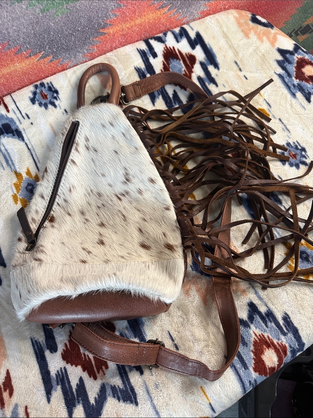 American Darling Brown and White Speckled Haircalf Fringe Backpack